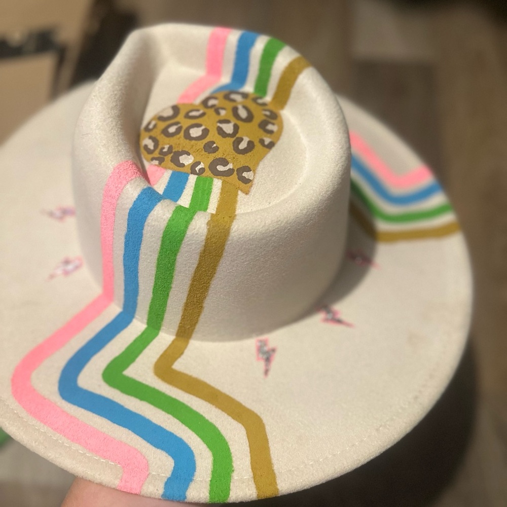 Hand painted, pinched front with Colorful Stripes and Leopard Accen